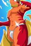  abs armor blonde_hair blue_sky bulge claws clothed clothing cloud day dragon drum_bunker_dragon evalion future_card_buddyfight hair headgear helmet hi_res horn humanoid_hands looking_down male mostly_nude muscular muscular_male orange_body orange_skin outside pecs reptile scalie shocked_expression simple_background sky solo suprised_look surprise teeth topless underwear wardrobe_malfunction wide_eyed 