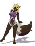  3:4 anthro blonde_hair breasts brown_eyes clothed clothing dipstick_tail female hair hi_res looking_at_viewer mammal mel_(mykegreywolf) multicolored_tail mustelid musteline navel sailoranna simple_background smile solo white_background wolverine 