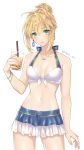  1girl artoria_pendragon_(all) banned_artist bikini blonde_hair blue_bikini breasts bubble_tea collarbone cup disposable_cup drinking_straw earrings eyebrows_visible_through_hair fate/stay_night fate_(series) frilled_bikini frills green_eyes highres holding holding_cup jewelry looking_at_viewer medium_breasts necklace orii_(orii_i) saber short_hair sidelocks simple_background solo swimsuit twitter_username two-tone_bikini white_background white_bikini 