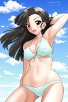  1girl arm_behind_back arm_behind_head arm_up artist_name asymmetrical_bangs bangs bikini black_eyes black_hair blue_sky breasts cleavage cloud cloudy_sky commentary cowboy_shot dated day front_slit girls_und_panzer large_breasts long_hair looking_at_viewer matsui_yasutsugu navel nishi_kinuyo open_mouth outdoors signature skindentation sky smile solo standing swimsuit white_bikini wind 