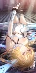  1girl bangs bare_shoulders blonde_hair breasts checkered checkered_floor cleavage detached_sleeves dress eyebrows_visible_through_hair flower gauntlets genshin_impact hair_between_eyes hair_flower hair_ornament hand_up highres indoors kayjae knees_up long_hair looking_at_viewer lumine_(genshin_impact) lying on_back parted_lips small_breasts solo thighhighs white_dress white_legwear yellow_eyes 