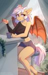  2020 absurd_res anthro bat_pony clothed clothing cup detailed_background digital_media_(artwork) equid eyebrows female fensu-san fingers food fruit hi_res holding_food holding_object horn inside mammal mango_(fruit) my_little_pony navel plant sitting solo text url wings 