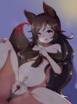  2020 animal_humanoid breasts brown_hair canid canid_humanoid censored cute_fangs female genitals hair humanoid kagerou_imaizumi mammal mammal_humanoid open_mouth pussy semiitu simple_background solo spread_legs spreading touhou video_games 