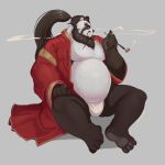  1:1 2020 absurd_res anthro asian_clothing barmaku belly black_body black_fur blizzard_entertainment clothing east_asian_clothing fundoshi fur hi_res humanoid_hands japanese_clothing male mammal overweight overweight_anthro overweight_male pandaren simple_background sitting solo underwear ursid video_games warcraft white_body white_fur 