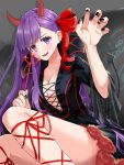  1girl absurdres artist_request bangs bb_(fate)_(all) bb_(fate/extra_ccc) black_dress blush breasts cleavage collarbone demon_girl demon_horns demon_tail dress fate/extra fate/extra_ccc fate_(series) hair_ribbon halloween_costume highres horns large_breasts long_hair long_sleeves looking_at_viewer open_mouth purple_eyes purple_hair red_ribbon ribbon sitting smile tail very_long_hair 