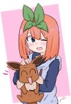  1girl ;d ^_^ bangs blue_eyes blue_hoodie blush closed_eyes crossover drawstring eevee eyebrows_behind_hair facing_viewer gen_1_pokemon go-toubun_no_hanayome green_ribbon hair_between_eyes hair_ribbon highres hood hood_down hoodie kujou_karasuma long_sleeves looking_at_viewer nakano_yotsuba notice_lines one_eye_closed open_mouth orange_hair pink_background pokemon pokemon_(creature) ribbon signature smile two-tone_background upper_body white_background 