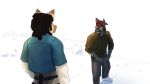  absurd_res anthro bottomwear canid canine canis clothing devin_(yungyiff) dialogue domestic_dog duo durag fangs footwear goon_(goonie_san) goonie-san hi_res male male/male mammal outside pants shirt shoes simple_background teeth topwear wolf 