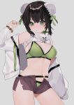  1girl bangs bare_shoulders bebe_pp bikini black_hair breasts brown_shorts bun_cover chainsaw_of_the_dead cowboy_shot double_bun fate/grand_order fate_(series) green_bikini green_eyes green_nails green_ribbon hand_up highres jacket long_sleeves looking_at_viewer nail_polish navel open_clothes open_fly open_jacket qin_liangyu_(fate) ribbon shiny shiny_hair short_shorts shorts simple_background solo standing swimsuit swimsuit_under_clothes thighs white_jacket 