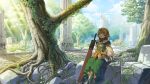  1girl armor armored_dress blonde_hair clothes_around_waist column commentary_request dappled_sunlight day dress elf fantasy forest greaves green_dress kyo_mizusawa light_rays nature original outdoors pillar pointy_ears ruins scenery sheath sheathed sitting solo sunbeam sunlight sword tree weapon wide_shot 