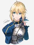  1girl ahoge armor artoria_pendragon_(all) banned_artist blood blood_on_face blue_ribbon character_name closed_mouth fate/stay_night fate_(series) green_eyes grey_background hair_between_eyes hair_ribbon looking_away orii_(orii_i) ribbon saber short_hair simple_background solo torn_clothes upper_body 