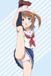  1girl :o arms_up bangs black_legwear blue_eyes blue_skirt blush brown_footwear brown_hair commentary_request diagonal_stripes eyebrows_visible_through_hair hair_ribbon high_school_fleet highres hiraizumi_(mugenkidousha) kneehighs leg_up loafers misaki_akeno neckerchief open_mouth panties pink_panties pleated_skirt red_neckwear ribbon sailor_collar school_uniform serafuku shirt shoes short_sleeves side_ponytail skirt solo split standing standing_on_one_leg standing_split striped striped_background underwear upper_teeth white_sailor_collar white_shirt yellow_ribbon 