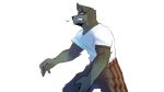  absurd_res anthro bottomwear canid canine canis clothing fighting_pose goon_(goonie_san) goonie-san growling hi_res male mammal pants pose shirt solo teeth text topwear wolf 