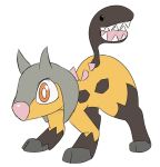 2020 2_toes all_fours ambiguous_gender black_body black_eyes black_fur dot_eyes feral fur girafarig hi_res hooves hybrid mawile miso_souperstar nintendo open_mouth orange_eyes pink_body pink_nose pink_scales pok&eacute;mon pok&eacute;mon_(species) scales sharp_teeth simple_background solo spikes spikes_(anatomy) tail_maw tail_mouth teeth thick_thighs toes video_games white_background wide_hips yellow_body yellow_fur 