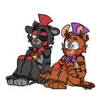  1:1 animatronic black_body black_fur blue_eyes brown_body brown_fur claws duo ears_down ears_up fingers five_nights_at_freddy&#039;s freddy_fazbear&#039;s_pizzeria_simulator fur half-closed_eyes hi_res inner_ear_fluff kinoselynn lefty_(fnaf) machine mammal narrowed_eyes pivoted_ears red_body red_cheeks red_nose ribbons robot rockstar_freddy_(fnaf) sitting toes tuft ursid video_games yellow_eyes 