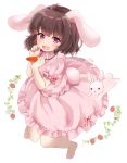  1girl :d :x animal_ears artist_name barefoot black_hair blush bunny bunny_ears bunny_tail bunnyjiry_(jirynyang) carrot_necklace daisy eyebrows_visible_through_hair flower food fruit hand_on_own_cheek highres holding holding_jewelry holding_necklace inaba_tewi jewelry knees_together_feet_apart looking_at_viewer necklace open_mouth pink_shirt pink_skirt plant puffy_short_sleeves puffy_sleeves red_eyes shirt short_sleeves simple_background skirt smile solid_circle_eyes solo strawberry tail touhou vines white_background 