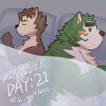  1:1 2020 anthro blush brown_body brown_fur canid canine canis dog_operator domestic_dog duo eyes_closed fur green_body green_fur hi_res k_gutless kemono live-a-hero lying male mammal mokdai pillow protagonist_(live-a-hero) sleeping slightly_chubby video_games 