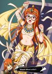  1girl armlet bandages bangs black-framed_eyewear blunt_bangs bracelet breasts brown_eyes burbur commentary diadem english_commentary english_text eyebrows_visible_through_hair glasses highres jewelry long_hair looking_at_viewer medium_breasts mummy navel open_mouth orange_hair pelvic_curtain persona persona_5 restrained sakura_futaba solo stomach 