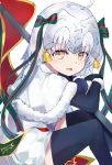  1girl absurdres ahoge bell black_gloves black_legwear bow capelet elbow_gloves fate/grand_order fate_(series) fur-trimmed_capelet fur_trim gloves green_bow green_ribbon headpiece highres jeanne_d&#039;arc_(fate)_(all) jeanne_d&#039;arc_alter_santa_lily long_hair ribbon same_(sendai623) silver_hair sitting solo striped striped_bow striped_ribbon thighhighs white_capelet yellow_eyes 