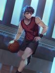  1boy absurdres backlighting ball bangs basketball black_hair black_shorts blue_eyes collarbone dark dutch_angle highres holding holding_ball indoors looking_away male_focus moonlight night original parted_lips playing_sports red_tank_top running sanpaku shiken shiny shiny_skin shoes short_hair short_shorts shorts sleeveless sneakers solo spiked_hair sport sportswear standing standing_on_one_leg sweatband tank_top window wooden_floor wristband 