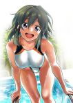  1girl :d bare_shoulders breasts collarbone commentary_request competition_swimsuit dark_green_hair dark_skin hair_between_eyes idolmaster idolmaster_cinderella_girls k2isu large_breasts looking_at_viewer natalia_(idolmaster) one-piece_swimsuit open_mouth pool purple_eyes short_hair smile solo swimsuit water wet white_background white_swimsuit 