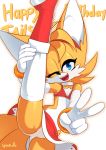  2_tails amy_rose anthro bulge canid canine choker clothed clothing crossdressing english_text flexible fox gesture girly gloves handwear hi_res jewelry legwear looking_at_viewer male mammal miles_prower multi_tail necklace one_eye_closed one_leg_up open_mouth panties panty_shot raised_leg solo sonic_the_hedgehog_(series) sparkydb splits spread_legs spreading stockings text underwear v_sign vertical_splits wink 