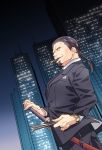  1boy alternate_costume black_hair black_suit cigar cityscape facial_hair fan formal goatee hair_slicked_back highres hinoya katana long_hair night night_sky paper_fan ponytail serizawa_kamo_(fate) sideburns sky smoking solo sword watch weapon 