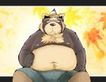  2020 anthro belly blush bottomwear brown_body brown_fur canid canine clothing fur hi_res kemono live-a-hero male mammal navel nipples overweight overweight_anthro overweight_male raccoon_dog shoen shorts sitting snow_utamaru solo tanuki video_games 