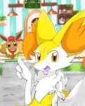  2020 ambiguous_gender big_ears braixen brown_body brown_fur chest_tuft clothing duo eiroru fluffy fluffy_tail front_view fur gesture hat headgear headwear hi_res hip_tuft inner_ear_fluff long_tail multicolored_body multicolored_fur multicolored_tail neck_tuft necktie nintendo pink_tongue pointing pok&eacute;mon pok&eacute;mon_(species) red_eyes semi-anthro shoulder_tuft tongue tuft video_games white_body white_fur 