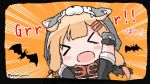  &gt;_&lt; 1girl bat black_ribbon black_scarf blonde_hair blush commentary_request emphasis_lines facing_viewer fang gloves hair_flaps hair_ornament hair_ribbon hairclip kantai_collection long_hair orange_background paw_gloves paws poipoi_purin remodel_(kantai_collection) ribbon scarf solo twitter_username upper_body wolf_hood yuudachi_(kantai_collection) 