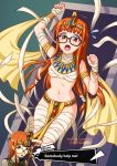  1girl armlet bandages bangs black-framed_eyewear blunt_bangs bracelet breasts brown_eyes burbur commentary diadem english_commentary english_text eyebrows_visible_through_hair glasses highres jewelry long_hair looking_at_viewer medium_breasts mummy navel open_mouth orange_hair pelvic_curtain persona persona_5 restrained sakura_futaba solo stomach 