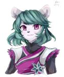  2018 anthro bust_portrait clothed clothing female freedom_planet fur giant_panda green_hair hair mammal neera_li nikoyosan portrait purple_eyes simple_background smile solo ursid video_games white_background white_body white_fur 