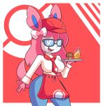  2020 absurd_res anthro beverage big_breasts blue_eyes blue_sclera breasts clothed clothing cosplay digital_media_(artwork) eeveelution eyewear female food fur glasses hair hat headgear headwear hi_res icon javisylveon_(mintyspirit) mintyspirit muffin necktie nintendo orange_juice pink_hair pok&eacute;mon pok&eacute;mon_(species) pokemon_cafe_mix ribbons solo sylveon thick_thighs video_games white_body white_fur wide_hips 