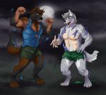  2020 5_fingers anthro anvel barefoot blue_eyes canid canine canis clothing cloud digitigrade duo eyewear fingers full_moon glasses male mammal moon muscular muscular_male night outside pinklepickle smile standing torn_clothing transformation were werecanid werecanine werewolf wolf 