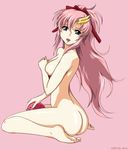  :d ass blue_eyes breasts covering covering_breasts feet gundam gundam_seed gundam_seed_destiny haro highres lacus_clyne legs long_hair looking_at_viewer looking_back medium_breasts nude open_mouth pink_hair ribbon sitting smile solo wariza zundarepon 