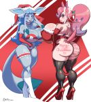  2016 2girls animal_ears artist_name ass back bangs bikini black_legwear blue_eyes blue_hair blue_skin body_writing boots breasts bursting_breasts choker closed_mouth collarbone creatures_(company) dated elbow_gloves erect_nipples eyeshadow from_behind full_body furry game_freak gen_4_pokemon gen_6_pokemon glaceon gloves gradient_hair hair_ribbon hat high_heel_boots high_heels huge_ass huge_breasts lipstick long_hair looking_at_viewer makeup multicolored_hair multiple_girls nintendo no_humans open_mouth panties panty_pull pink_hair pink_skin plankboy pokemon pokemon_(creature) ponytail red_bikini red_gloves ribbon santa_hat smile standing strapless swimsuit sylveon tail thick_thighs thigh_band thighhighs thighs tongue tubetop underwear upper_teeth wide_hips 