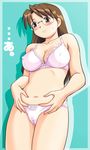  a artist_request azumanga_daiou belly belly_grab blush bow bow_bra bra breasts brown_eyes brown_hair cameltoe cleavage closed_mouth covered_nipples embarrassed frilled_panties frills glasses jpeg_artifacts large_breasts lingerie mizuhara_koyomi navel panties pinching plump purple_bra purple_panties shadow solo standing sweatdrop translated underwear underwear_only weight_conscious 