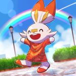  boots bush closed_mouth clothed_pokemon cloud coat commentary_request day etotsuji fang gen_8_pokemon highres lamppost lens_flare long_sleeves no_humans open_mouth orange_coat outdoors pokemon pokemon_(creature) rainbow scorbunny sky smile solo sparkle standing water 