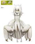  1girl ahoge diddms1999 flat_chest hair_between_eyes highres insect_girl jumping_spider long_hair monster_girl multiple_legs original simple_background solo spider_girl spider_legs twitter_username white_background white_hair yellow_eyes 