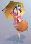  1girl :o animal_ear_fluff animal_ears bell black_hair blue_footwear boots fox_ears fox_girl fox_tail grey_sky hair_rings highres jingle_bell kobu_ride makeup original outdoors purple_eyes rain raincoat red_skirt rubber_boots shadow short_hair skirt split standing standing_on_one_leg standing_split tail tail_censor thick_eyebrows umbrella whisker_markings whiskers yellow_umbrella 