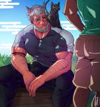  2boys animal_ears animal_on_shoulder arm_hair ass bara beard biceps black_pants blush borrowed_character bulge cat cat_boy cat_ears cat_on_shoulder chest erection erection_under_clothes facial_hair green_eyes green_shirt grey_hair implied_yaoi jasdavi leg_hair looking_at_another male_focus multiple_boys muscle on_shoulder original pants raised_eyebrows shirt short_hair short_sleeves shorts thick_eyebrows thick_thighs thighs 