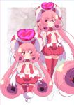  1girl bangs blush cape curly_hair eyebrows_visible_through_hair hair_between_eyes hand_on_hip hat heart highres long_hair navel neneka_(princess_connect!) pink_eyes pink_hair pointy_ears princess_connect! princess_connect!_re:dive red_eyes red_headwear red_legwear sw thighhighs twintails very_long_hair white_footwear 