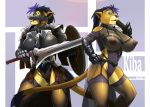  anthro armor black_hair blue_eyes blue_hair breasts claws clothed clothing ear_piercing ear_ring felid female fluffy fluffy_tail fur garter_belt garter_straps hair headgear helmet holding_object holding_weapon legwear link2004 lion mammal melee_weapon multicolored_body multicolored_fur multicolored_hair nipples open_mouth pantherine partially_clothed piercing shield simple_background solo stockings sword thigh_highs translucent translucent_clothing two_tone_body two_tone_fur two_tone_hair weapon yellow_body yellow_fur 