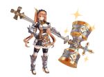 1girl :3 armor belt blue_eyes blush brown_hair closed_mouth clothing_cutout greaves hair_between_eyes hammer hand_on_hip high_heels highres holding holding_weapon huge_weapon long_hair moutama original paladin shoulder_cutout simple_background skindentation smile solo sparkle sparkling_eyes standing twintails vambraces very_long_hair weapon white_background white_legwear yellow_pupils 