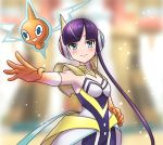  1girl bangs blue_eyes blunt_bangs blurry blurry_background blush closed_mouth commentary elesa_(pokemon) english_commentary gen_4_pokemon gloves gradient_gloves hand_on_hip hand_up headphones looking_at_viewer mono_land outstretched_hand pokemon pokemon_(creature) pokemon_(game) pokemon_masters_ex purple_hair rotom shiny 