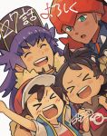  &gt;_&lt; 4boys arm_up ash_ketchum bangs baseball_cap black_hair blush clenched_hands commentary_request earrings eyebrows_visible_through_hair fang goh_(pokemon) green_eyes hands_up happy hat highres jewelry leon_(pokemon) long_hair male_focus multiple_boys open_mouth orange_headwear pokemon pokemon_(anime) pokemon_swsh_(anime) purple_hair raihan_(pokemon) rechain shirt sleeveless sleeveless_jacket smile teeth tongue white_shirt 