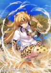  1girl action blonde_hair boots brown_hair cheetah_(kemono_friends) cheetah_ears cheetah_print cheetah_tail collared_shirt commentary_request elbow_gloves eyebrows_visible_through_hair gloves kemono_friends kemono_friends_3 long_hair multicolored_hair necktie official_art pleated_skirt print_footwear print_gloves print_legwear print_neckwear print_skirt shirt short_sleeves skirt solo tadano_magu thighhighs white_shirt yellow_eyes zettai_ryouiki 