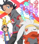  2boys artist_name ash_ketchum bangs baseball_cap black_hair black_pants blue_eyes brown_eyes closed_mouth commentary_request eyelashes gen_1_pokemon gen_8_pokemon goh_(pokemon) hair_ornament hand_in_pocket hat looking_to_the_side multiple_boys on_head one_eye_closed pants parody pikachu pokemon pokemon_(anime) pokemon_(creature) pokemon_on_head pokemon_swsh_(anime) raboot saion shirt short_sleeves sleeveless sleeveless_jacket sweatdrop translation_request watermark white_shirt 