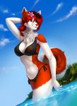  2020 anthro bikini blue_eyes breasts canid canine canis clothed clothing day detailed_background digital_media_(artwork) domestic_dog elvofirida eyebrows eyelashes female hair hi_res husky mammal nordic_sled_dog outside partially_submerged red_hair sky smile spitz swimwear 