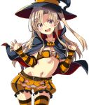  1girl arm_warmers azur_lane belt black_cape black_headwear blonde_hair breasts brown_belt cape claw_pose cleveland_(azur_lane) clothing_cutout collarbone colored_stripes cowboy_shot cross-laced_clothes cross-laced_top crotch_cutout halloween halloween_costume hat highres jack-o&#039;-lantern jack-o&#039;-lantern_cutout light_blush long_hair looking_at_viewer macaroni_hourensou midriff multicolored multicolored_cape multicolored_clothes navel open_mouth panties pointy_ears pumpkin pumpkin_pants red_cape red_eyes simple_background small_breasts smile solo standing striped striped_legwear thighhighs underwear white_background white_panties witch_hat 