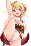  1girl andira_(granblue_fantasy) animal_ears bangs blonde_hair blush breasts detached_sleeves erune granblue_fantasy highleg highleg_leotard highres leotard looking_at_viewer monkey_ears monkey_girl monkey_tail open_mouth orange_eyes short_hair simple_background smile tail thighs tomo_(tmtm_mf_mf) two_side_up white_background 